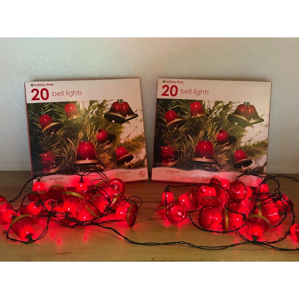 Vtg Retired Set Of 2 Holiday Time 20 Bell Lights Lenht 8 Ft / 2.4m Green Wire